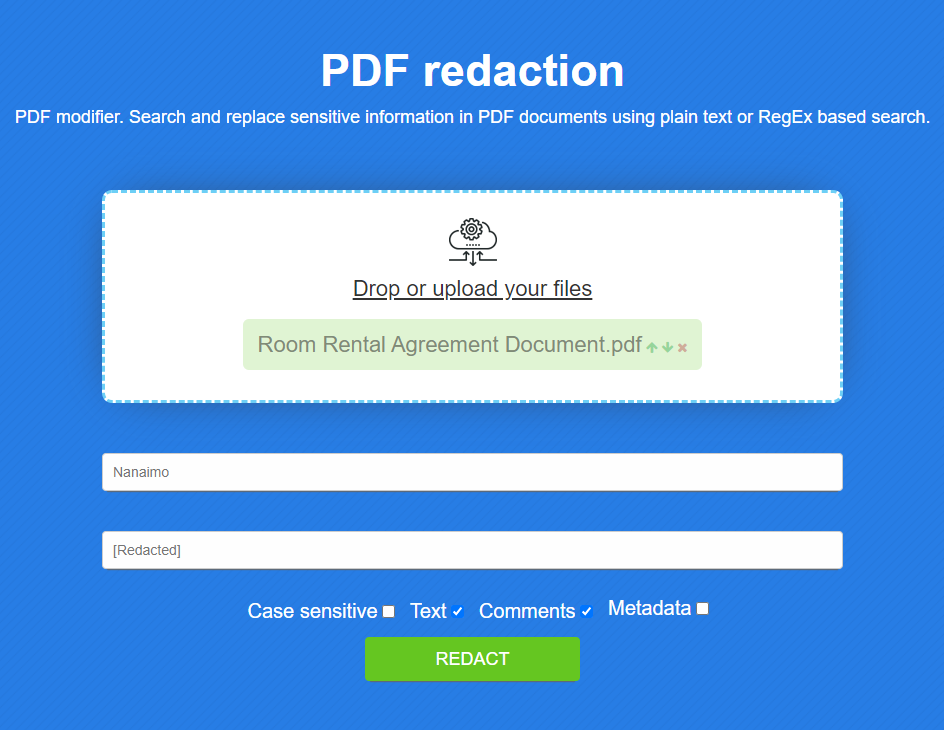 PDF Redaction App with uploaded document and entered searched and replacement text fragment