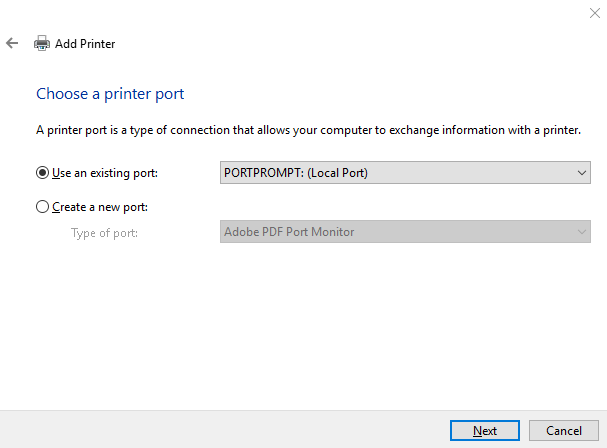 "Choose a printer port" dialog