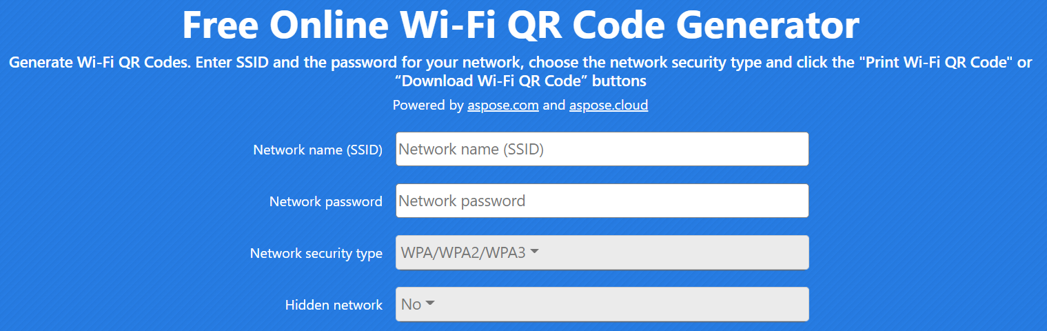 Interface of Wi-Fi QR Code Free Online App