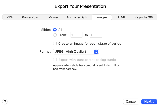 Export Your Presentation dialog - Images tab
