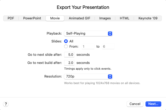 Export Your Presentation dialog - Movie tab