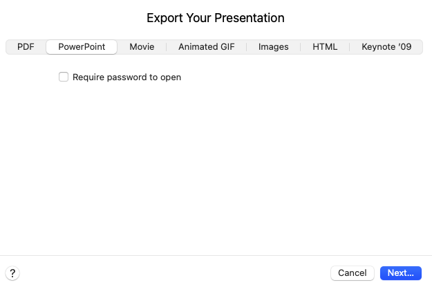 Export Your Presentation dialog - PowerPoint tab