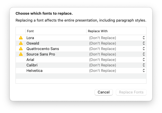Replace Font dialog in Apple Keynote
